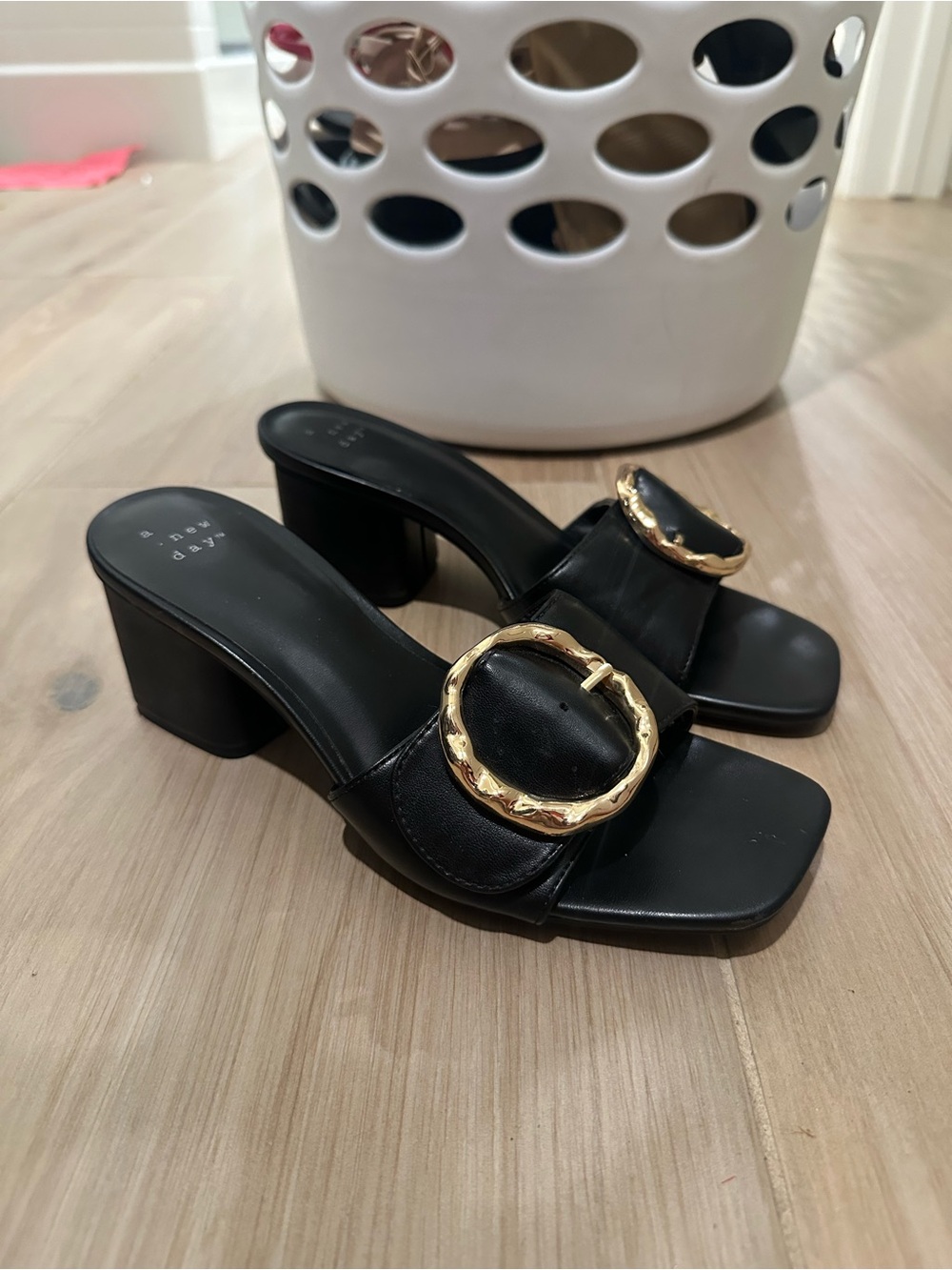 A New Day Target Black Block Heel Slide Sandals with Gold Buckle